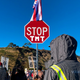 Demonstrators gather to block a road at the base of Mauna Kea in Hawaii July 15, 2019 to protest the construction of a giant telescope.